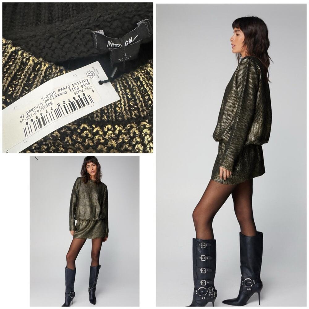 NEW Nasty Gal metallic oversized cinched waist knit sweater dress, size large - Picture 1 of 10